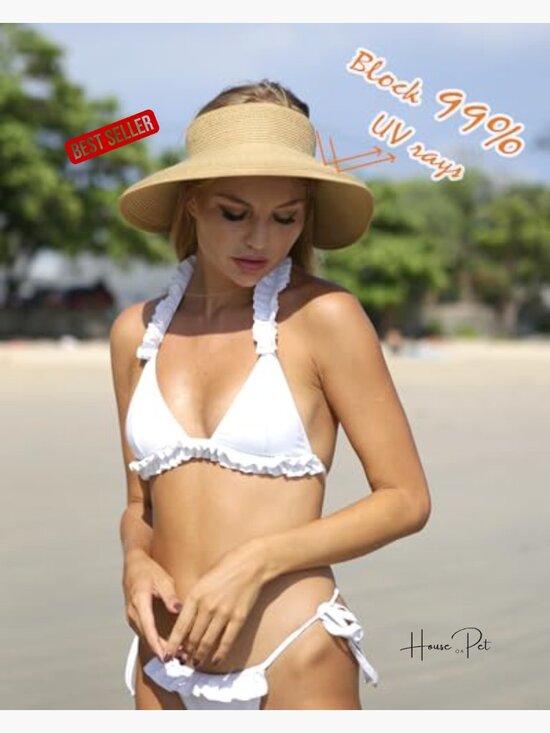 Wide Brim Straw Visor Hat Foldable UPF 50+ Ponytail Summer Beach main image 7